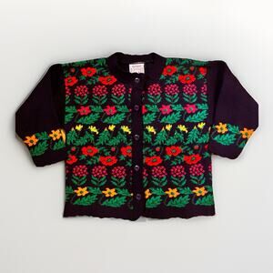 Vintage Polar Knit Floral Cardigan Sweater Youth Girls M 6-8 Cottagecore